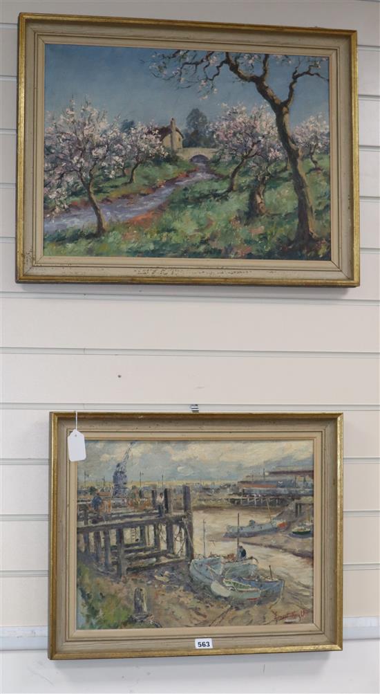 Ernest Knight (1915-1995), two oils, stream beside an orchard and a dockyard scene, both signed, 39 x 54cm and 34 x 44cm